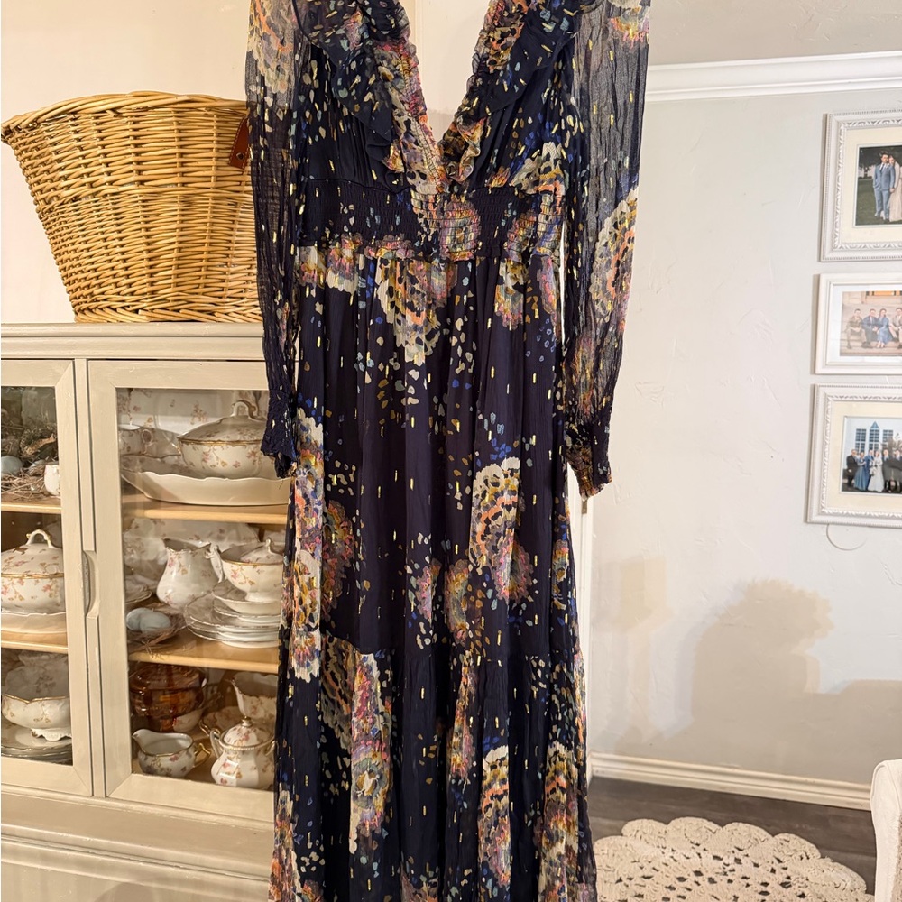 Anthropologie Navy Floral Long Sleeve Dress